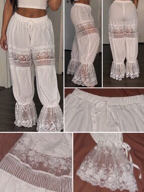 White Lace Boho Sheer Ruffle Pants - Women